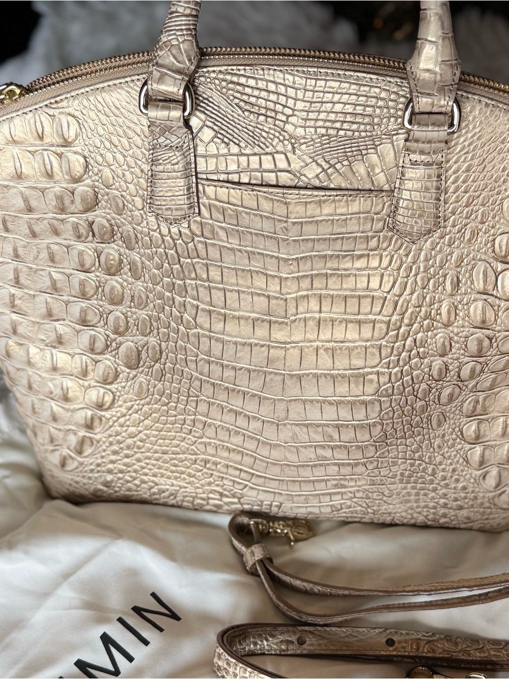 Brahmin Metallic Croc-Embossed Satchel in Champagne Gold - Picture 3 of 6